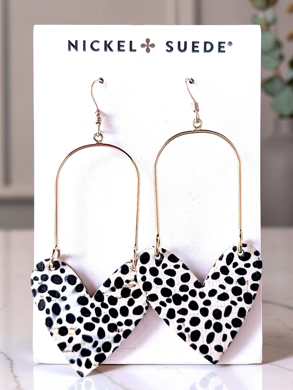 NWOT Nickel Suede Black & White Heart Drop Earrings